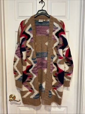 Moulinette Soeurs Tan Open Aztec-Pattern Cardigan with Pink, Navy & Red Accents